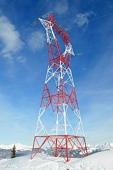 An electricity pylon in Les Carroz, France. Red-and-white electricity pylon Les Carroz.jpg