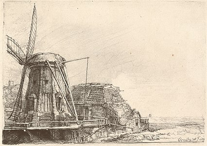 Офорт Рембрандта Little Stink Mill зображає справжній млин, який стояв на рештках фортеці De Passeerde вздовж міської стіни, що проходила по західній стороні Амстердама