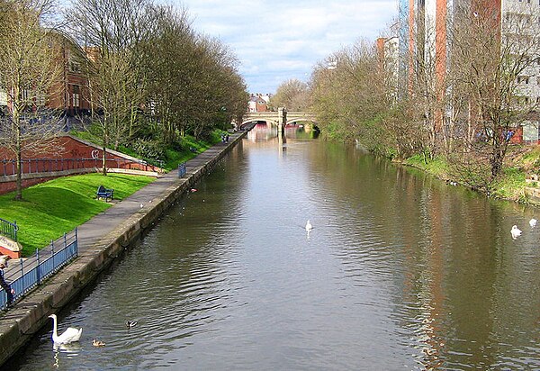 A canalised section of the river in Leicester