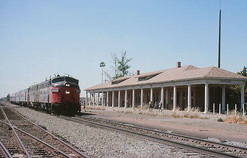 A San Joaquins train (detoured from its usual route) passing the former Southern Pacific station in 1976