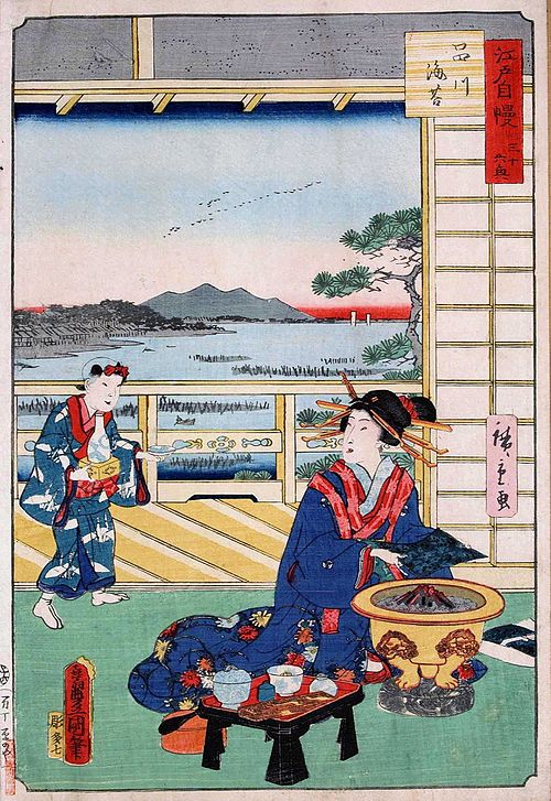 Toasting nori sheets in Shinagawa, print by Hiroshige, 1864