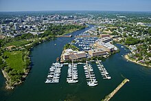 Stamford boasts miles of accessible shoreline for recreation and two public beaches. Shippan Landing Stamford Connecticut Skyline Aerial.jpg