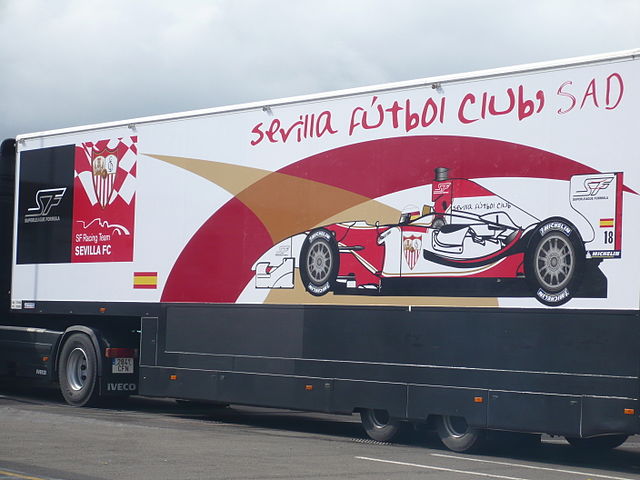 The Sevilla FC team truck parked in the paddock at Silverstone Circuit, 2010