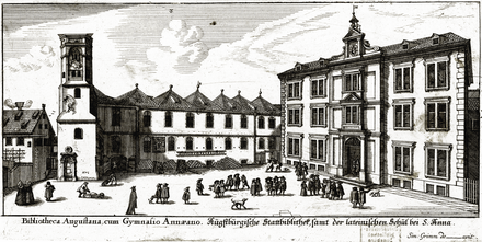 The school (right) and town library in Simon Grimm's etching of 1676 Simon Grimm St-Anna-Gymnasium Augsburg.png