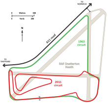 The original Snetterton Circuit (green) was laid out on the runways and taxiways of RAF Snetterton Heath (light brown) in the early 1950s. Redevelopment over the subsequent 60 years has reduced the portion of the property used, but the modern circuit (red) still largely conforms to the air base footprint.