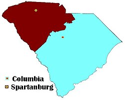 Barrett was tried in Columbia, asserted to be in the Eastern District of South Carolina (in blue), for crimes committed in Spartanburg, asserted to be in the Western District of South Carolina (in red). South Carolina - Barrett map.JPG