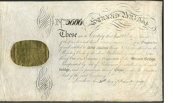 Share of the Company of Proprietors of the Strand Bridge, issued 30 December 1809