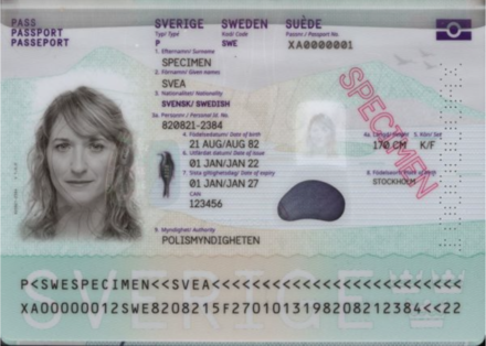 The data page of a Swedish biometric passport