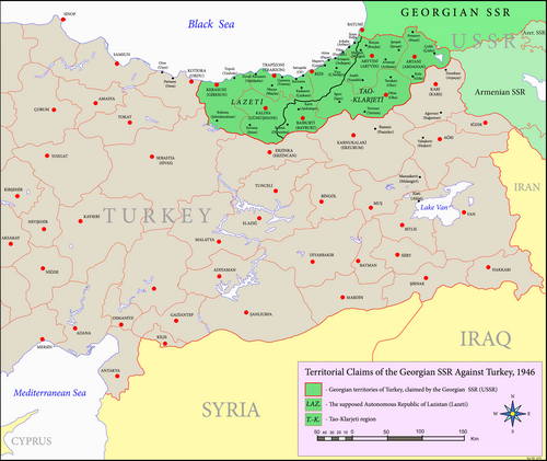 Map showing Turkish territory claimed by the Georgian Soviet Socialist Republic in 1946.[29]