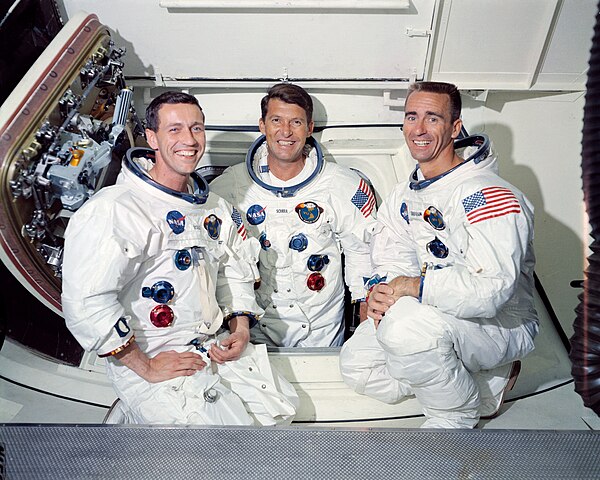 The Apollo 7 crew: Eisele (l.), Wally Schirra (c.), and Walter Cunningham (r.)