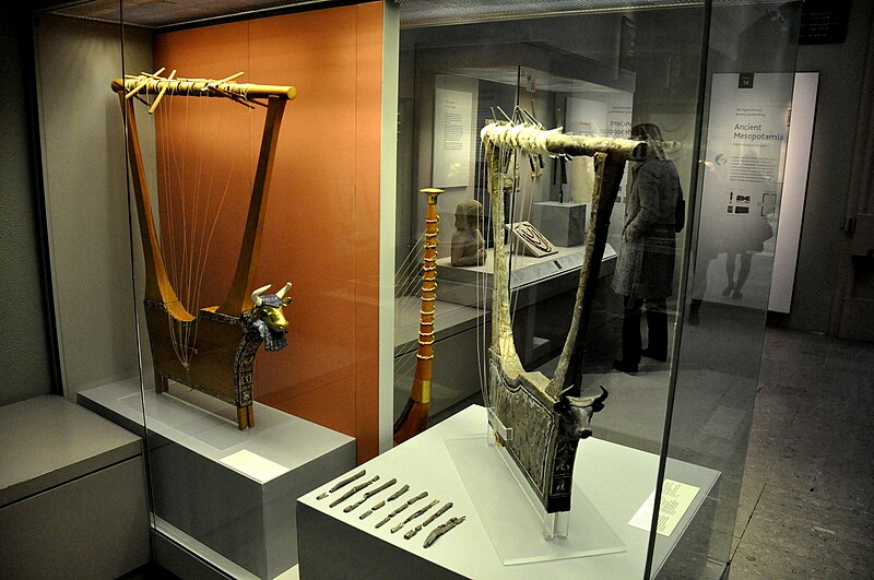 File:The Queen's lyre and the silver lyre, from the Royal Cemetery at Ur, southern Mesopotamia, Iraq. The British Museum, London..JPG