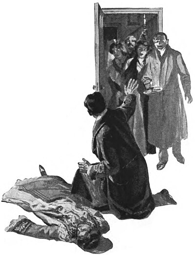 Illustration of a robed man kneeling over a prone woman, gesturing to four people in a doorway to stay back