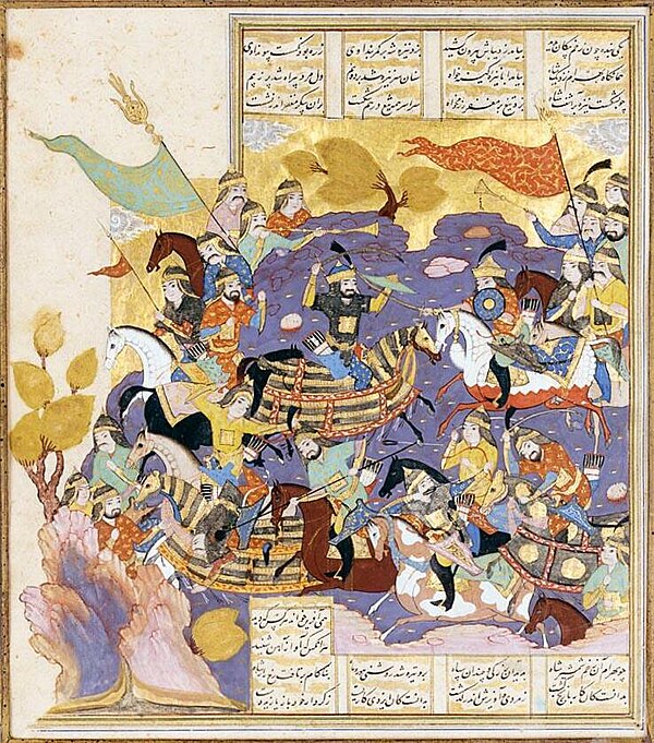 Illustration of the forces of Bahram Chobin and Khosrow II fighting.