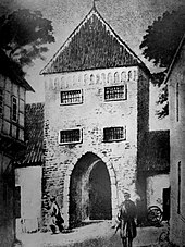 Das Thietor in der um den Thie erweiterten Stadtmauer auf einer Zeichnung aus dem 19. Jahrhundert