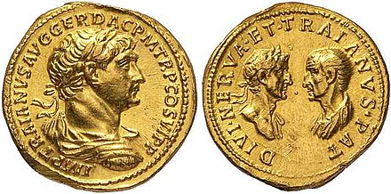 Roman aureus struck under Trajan, c. 115. The reverse commemorates both Trajan's natural father and Ulpia's brother, Marcus Ulpius Traianus (right), and his adoptive father, the Deified Nerva (left).