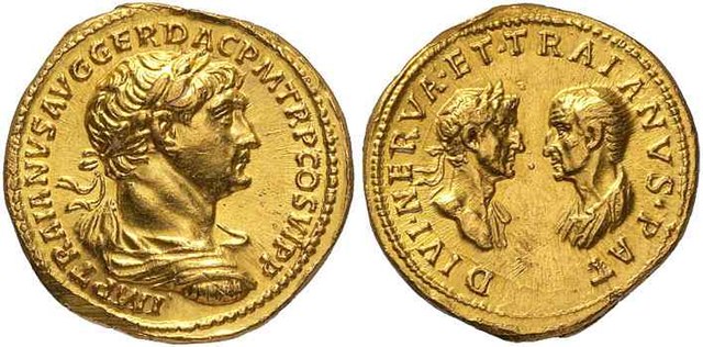 Roman aureus struck under Trajan, c. 115. The reverse commemorates both Trajan's natural father and Ulpia's brother, Marcus Ulpius Traianus (right), a
