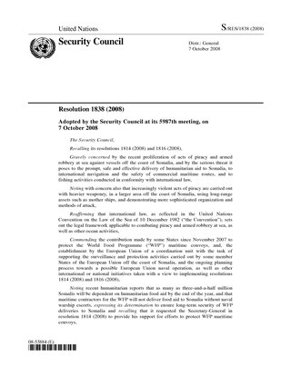<span class="mw-page-title-main">United Nations Security Council Resolution 1838</span> United Nations resolution adopted in 2008