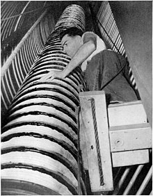 Grading rings along a linear accelerator beam tube at the University of Pennsylvania in 1940 U of Pennsylvania accelerator beam tube 1940.jpg