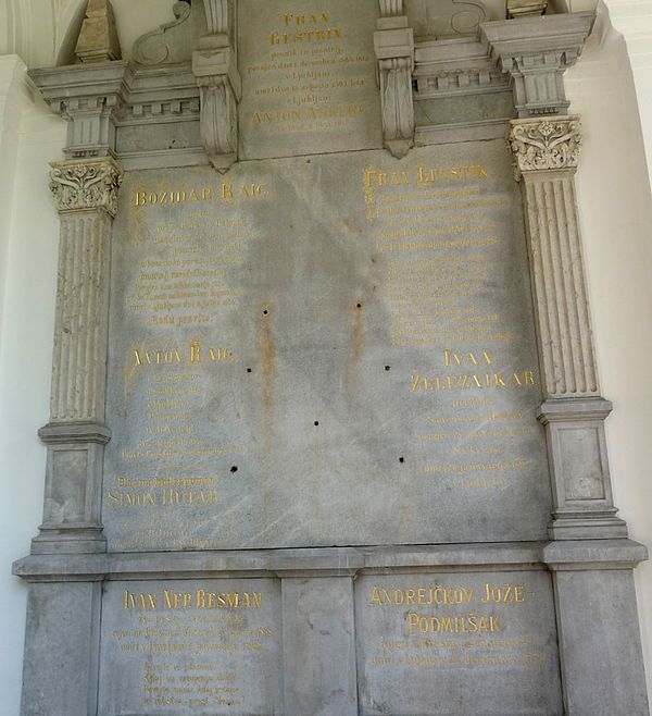 The writers' tomb at Navje Memorial Park is the tomb of eight notable Slovene poets and writers: Anton Aškerc, Fran Gestrin, Fran Levstik, Josip Podmi