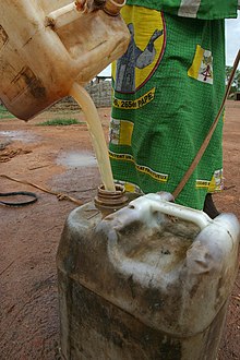 A woman is filling a jerrycan with unsafe drinking water at the Boromata well in Central African Republic. Unsafe drinking water 03.jpg