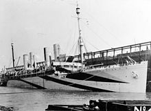 USS Von Steuben, painted in dazzle camouflage, alongside a pier at New York City, 28 June 1918 Uss Von Steuben ID-3017.jpg