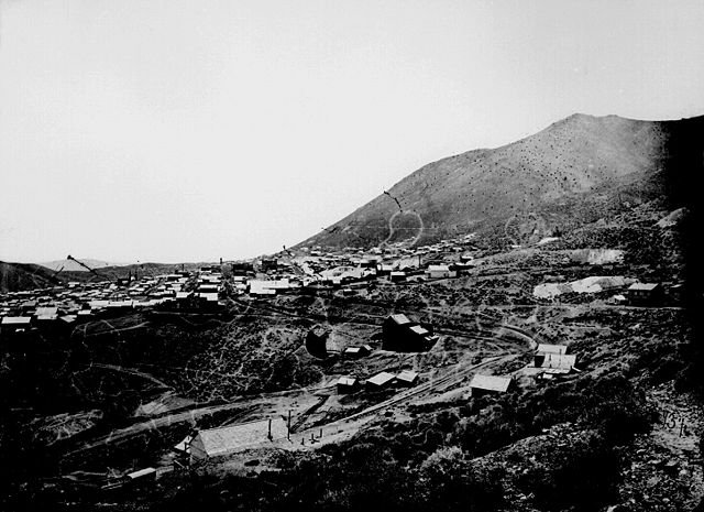 View of Virginia City, Nevada, from a nearby hillside, 1867–68