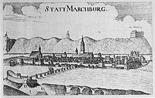 Maribor in the 17th century. A copper engraving by Georg Matthaus Vischer, 1678. Vischer - Topographia Ducatus Stiria - 247 Marburg - Maribor.jpg