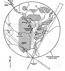 Washington metropolitan area airports with the Washington-Virginia Airport (on left) and showing the one-mile lateral area around the airport Washington D.C. Flight Restrictions 1961.JPG