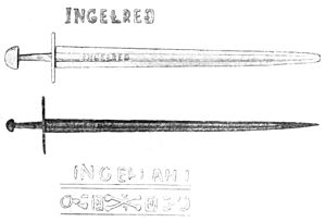 Two Ingelred swords as depicted by Wegeli (1904). Above: 10th-century sword found in Isac river, near Nantes, with an inscription read as INGELRED FIT by Wegeli; below: sword found near Uppsala, Sweden, with inscription INGEL.AH. Wegeli 1904 Ingelred.jpg