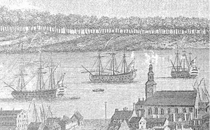 British erect a wooden palisade along Dartmouth in response to the Raid, opposite side of the harbour from the Great Pontack (Lower left corner), present-day Historic Properties. "Part of the Town and Harbour of Halifax in Nova Scotia looking down Prince Street to the Opposite Shore shews the Eastern Battery, George & Cornwallis Islands, Thrum Cap, &c. to the Sea off Chebucto Head", 1759.png