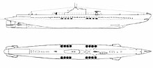 Drawing of a Saphir-class submarine. The black circles in bottom view are the vertical mine launchers Minzag Riubi.jpg