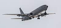 A Boeing P-8 Poseidon, tail number 168761, on final approach at Kadena Air Base in Okinawa, Japan. It is assigned to Patrol Squadron 45 (VP-45) at NAS Jacksonville, Florida, United States.