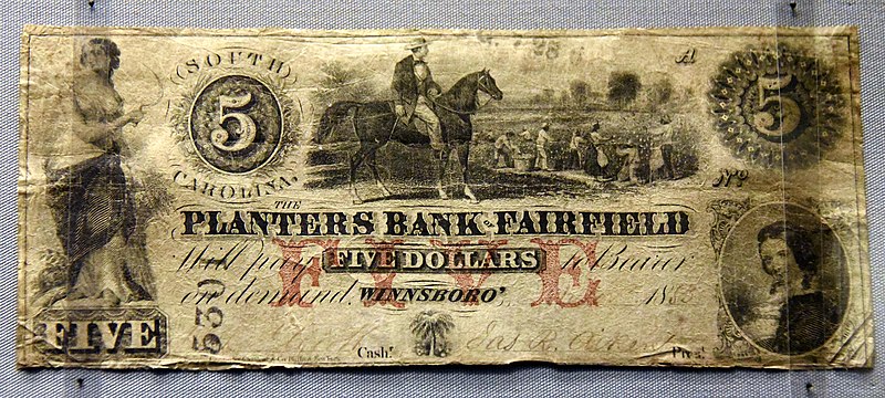 File:5 dollar banknote showing a plantation scene with enslaved people in South Carolina. Issued by the Planters Bank, Winnsboro, 1853. On display at the British Museum in London.jpg