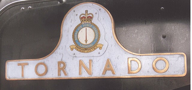 Tornado left-hand nameplate at York station in May 2009 showing the badge of RAF Leeming in Yorkshire, where RAF Tornado F3s were based until the prev