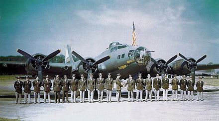 Senior Pilots pose in front of Boeing B-17F-80-BO, AAF Serial No.42-29996, (PY-R) "Flag Ship" from the 407th Bomb Squadron, 92nd Bomb Group This aircraft was lost on 16 November 1943 while returning from Norway commanded by 2Lt Joseph F Thornton. Of the crew; 9 POWs, one evaded capture. MACR 1384 92bg-42-30455-b17.jpg