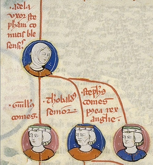 A 14th-century depiction of Stephen's family tree, with his mother Adela at the top, and, left to right, William, Theobald and Stephen