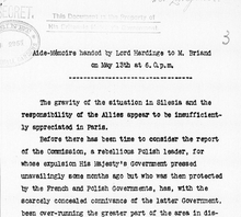 A British foreign office internal record of a 1921 aide-memoire delivered to Aristide Briand. Aide-Memoire handed by Lord Hardinge to M. Briand.png