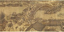 Zhang Zeduan's painting Along the River During the Qingming Festival captures the daily life of people from the Song dynasty at the capital,Bianjing,today's Kaifeng. Along the River During the Qingming Festival (detail of original).jpg