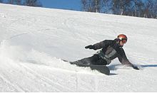 An Alpine snowboarder executes a heel-side carved turn, the typical style in alpine snowboarding Alpine boarder.JPG