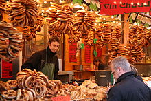 Christmas market in Strasbourg; mulled wine and pretzels sold