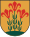 Un escudo de armas que representa tres flores que tienen pétalos rojos, tallos verdes y hojas verdes que brotan de la tierra verde.