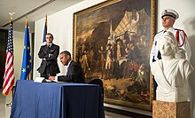 Obama signs a book of condolences at the Embassy of France, Washington, D.C. Ambassade de France US - Barack Obama - Condoleances Charlie Hebdo - 001.jpg