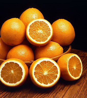 Sweet oranges (Citrus ×sinensis) are used in many foods. Their ancestors were pomelos and mandarin oranges.