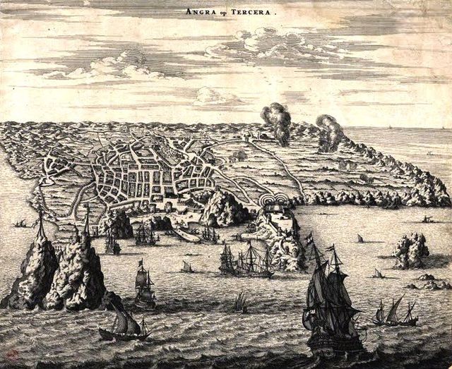 Print of the Angra op Tercera, showing the city of Angra and portions of the island, Jacob van Meurs, 1671