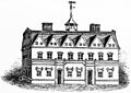El primer Harvard Hall, de la Universidad de Harvard, acreditado como el ejemplo más antiguo conocido de techo abuhardillado en América del Norte, construido c. 1677, quemado en 1766