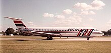 An Austral BAC One-Eleven taxiing at Aeroparque Jorge Newbery in 1993. This livery was used while the carrier was owned by Cielos del Sur S.A., and persisted for some years after the airline was acquired by Iberia.