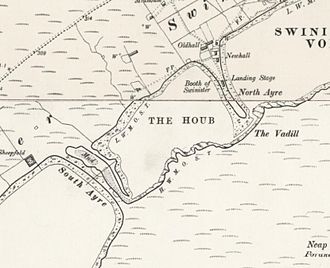 The Ayres of Swinister, Shetland: two ayres (shingle bars) that enclose a houb (lagoon) Ayres of Swinister and the Houb, Shetland - 1902 O.S map.jpg