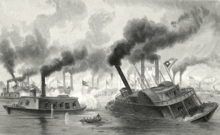 The First Battle of Memphis, CSS Little Rebel it is to the left of the rammed vessel. Battle of Memphis I.png