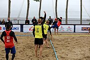 Deutsch: Beachhandball Europameisterschaften 2019 (Beach handball Euro); Tag 5: 6. Juli 2019 – Männer, Platzierungsspiel für die Ränge 5–8, Frankreich-Deutschland 0:2 (18:22, 16:19) English: Beach handball Euro; Day 5: 6 July 2019 – Placement Match/Cross Match for rank 5–8 Men – Frankreich-Deutschland 0:2 (18:22, 16:19)