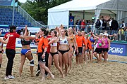 Deutsch: Beachhandball Europameisterschaften 2019 (Beach handball Euro); Tag 5: 6. Juli 2019 – Frauen, Halbfinale, Ungarn-Niederlande 2:0 (19:16, 15:12) English: Beach handball Euro; Day 5: 6 July 2019 – Semifinal Women – Hungary-Netherlands 2:0 (19:16, 15:12)